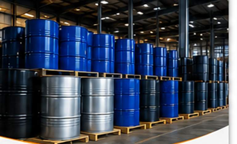 Rows of industrial oil drums stored in an M.O Traders warehouse in Pakistan